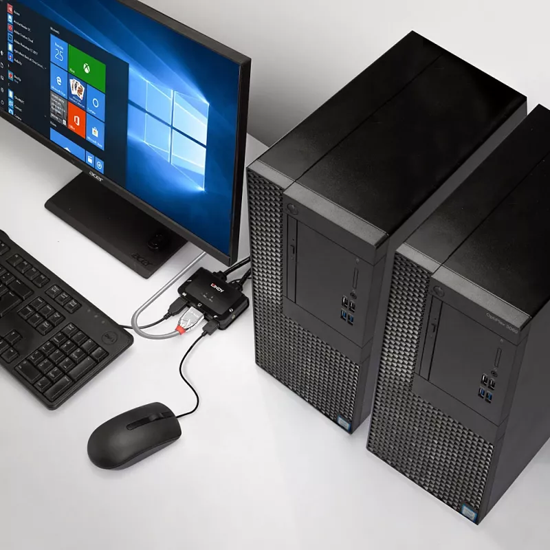 Lindy 2 prievadų HDMI 4K30, USB 2.0 ir garso kabelių KVM jungiklis, 1920 x 1080 pikselių, juoda