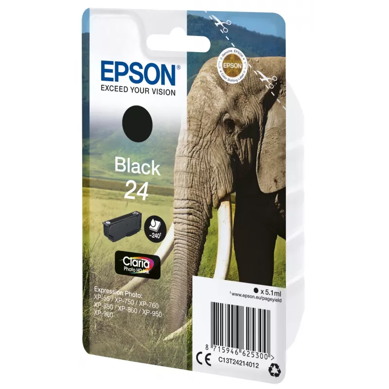 Epson Elephant vienetinis juodas 24 Claria Photo HD kasetė, juoda, pigmentinis rašalas, 5,1 ml, 1 vnt., 240 puslapių, vienetinė pakuotė