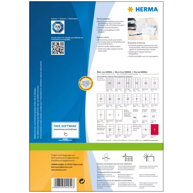 HERMA Premium adresų etiketės A4 38,1x21,2 mm 6500 vnt.