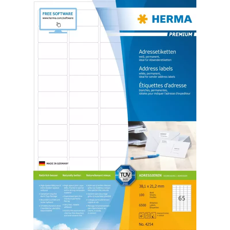 HERMA Premium adresų etiketės A4 38,1x21,2 mm 6500 vnt.