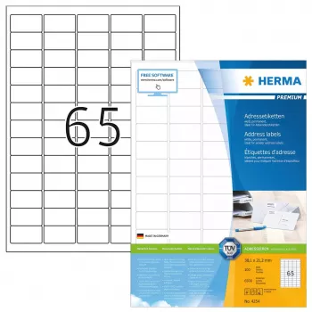 HERMA Premium adresų etiketės A4 38,1x21,2 mm 6500 vnt.