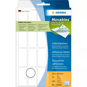 Kelių paskirčių etiketės HERMA 10609 19x40 mm baltos Movables nuimamos popierinės 640 vnt.