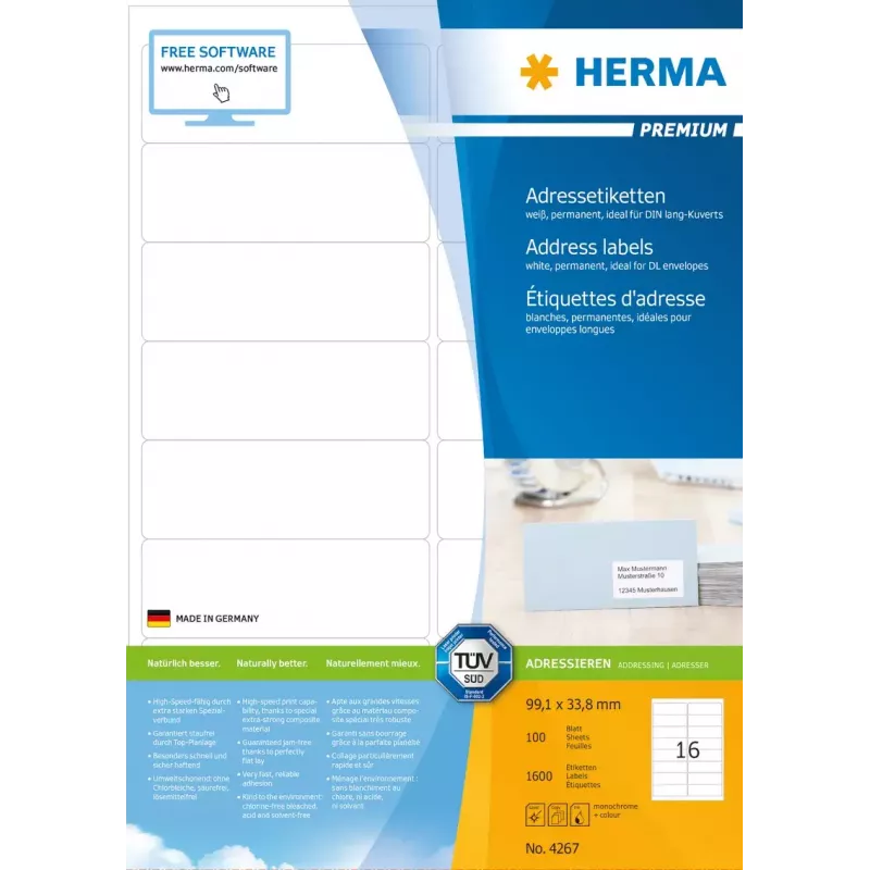 Lipnūs adresų lipdukai HERMA Premium A4 99,1x33,8 mm 1600 vnt.