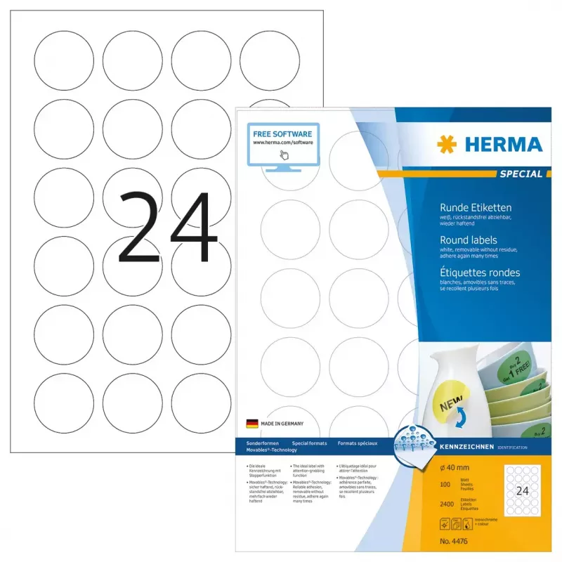 Lipnios etiketės HERMA Removable A4 Ø 40 mm 2400 vnt.