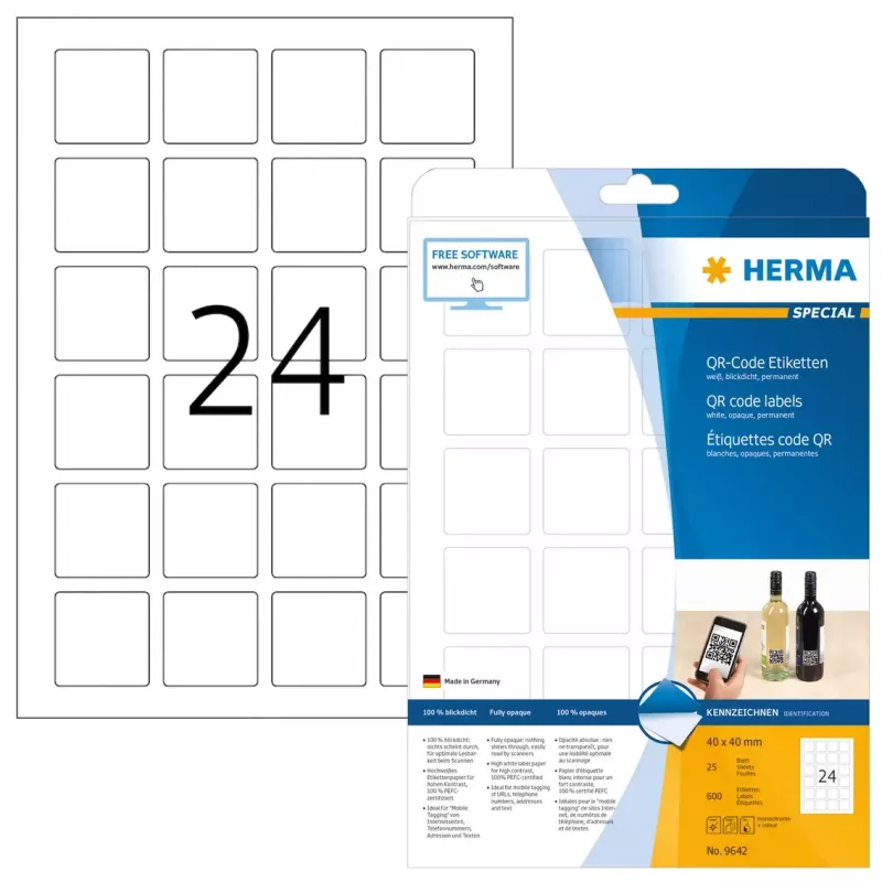HERMA 9642 QR kodo lipdukai A4 40x40 mm balti matiniai