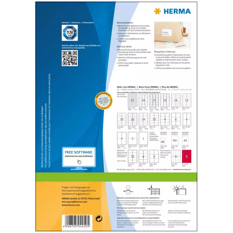 HERMA Premium adresų etiketės A4 99,1x139 mm 400 vnt.
