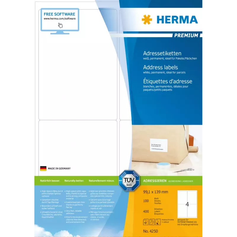HERMA Premium adresų etiketės A4 99,1x139 mm 400 vnt.