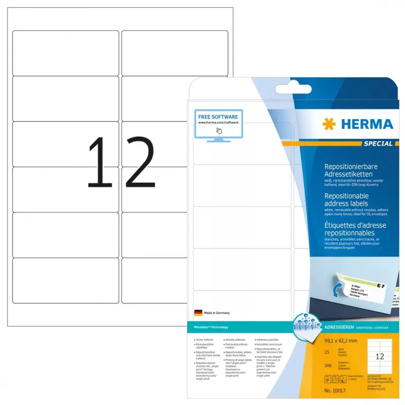 Perklijuojamos adresų etiketės HERMA 10017 A4 99,1x42,3 mm