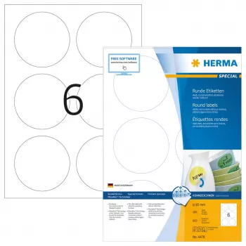 Lipnūs etiketės HERMA A4 Ø 85 mm apvalios baltos 600 vnt
