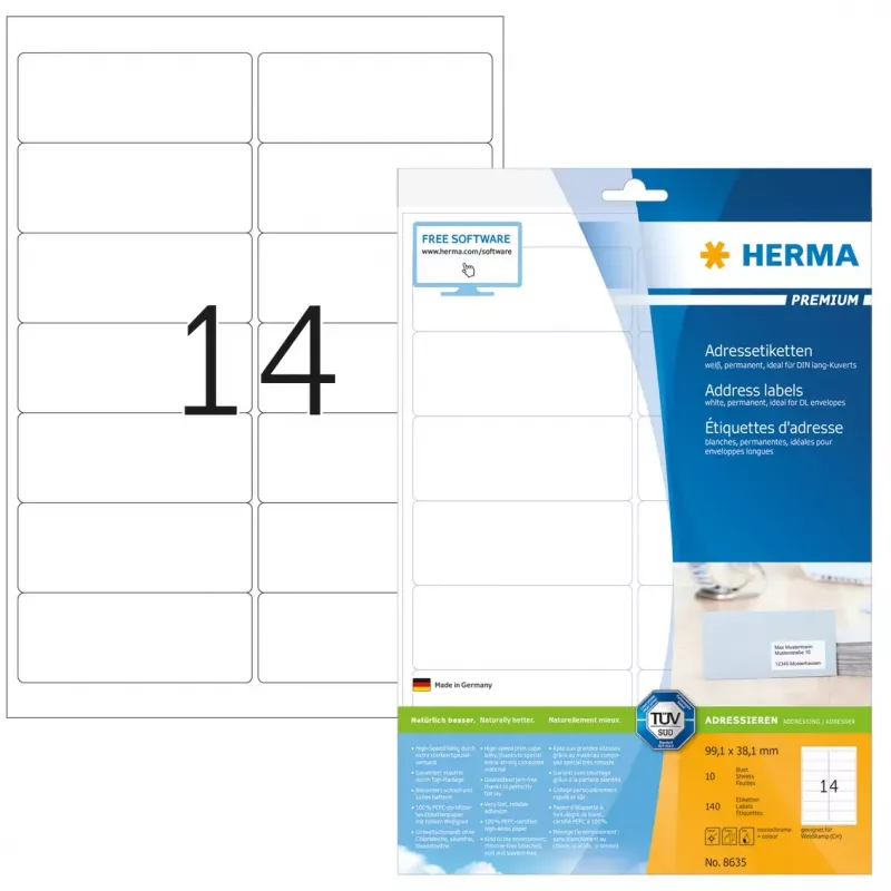 HERMA Premium adresų etiketės A4 99,1x38,1 mm 140 vnt.