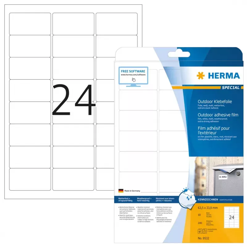 Lipnūs etikečių lapai HERMA A4 lauko plėvelė 63,5x33,9 mm