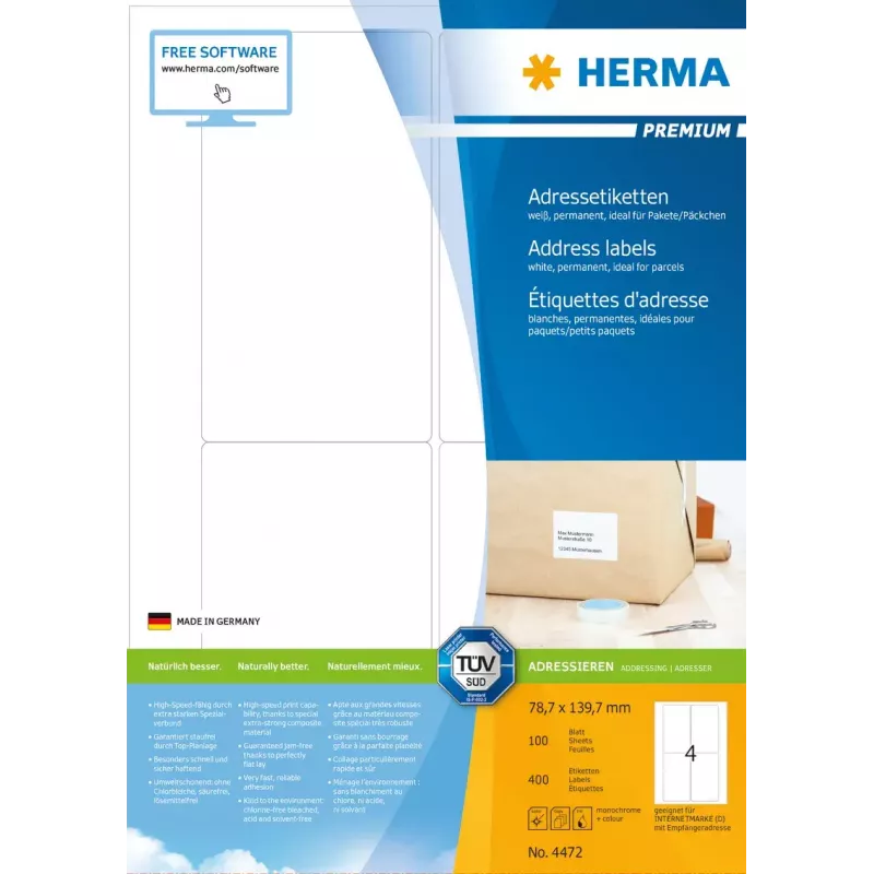 Adresų etiketės Premium HERMA 4472 A4 78,7x139,7 mm 400 vnt.