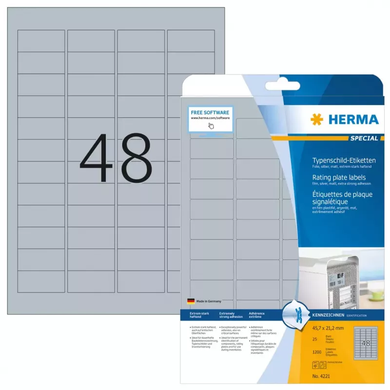 HERMA 4221 etikečių lapai A4 45,7x21,2 mm sidabriniai