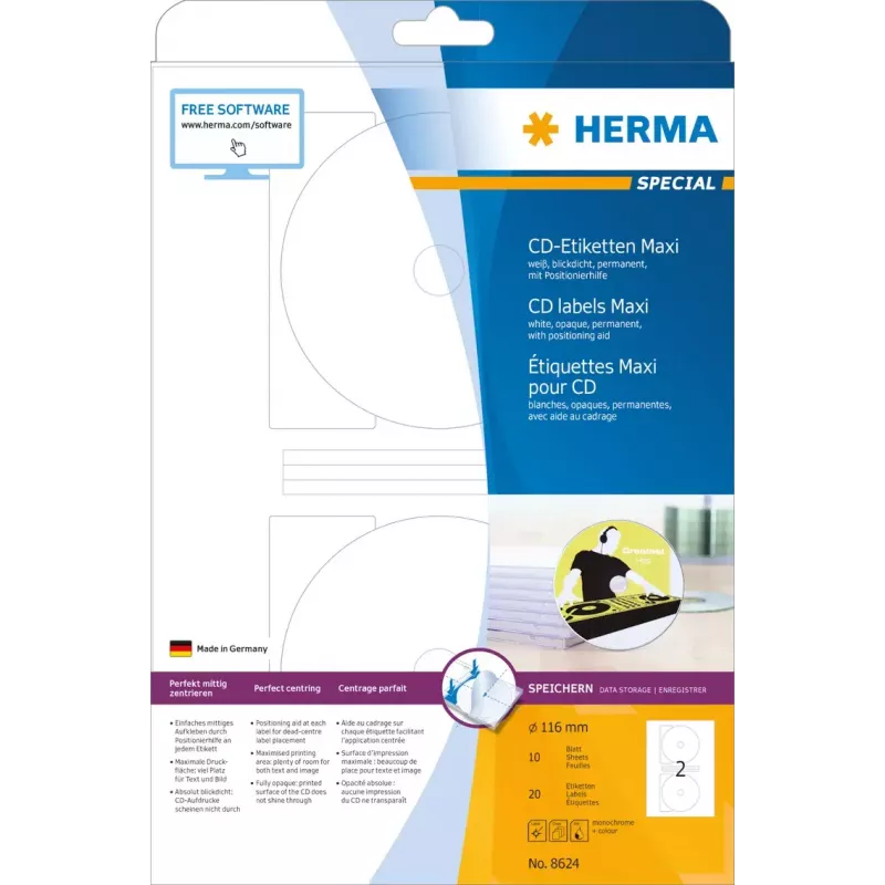 Lipnūs etikečių lapai CD diskams HERMA Maxi A4 Ø 116 mm