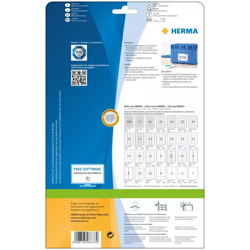 Lipnių etikečių lapas HERMA Labels Premium A4 210x297 mm balto matinio popieriaus 10 vnt.