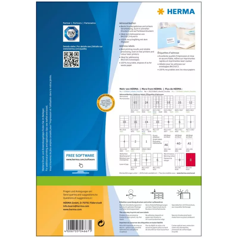 HERMA Premium adresų etiketės A4 96x50,8 mm 1000 vnt.