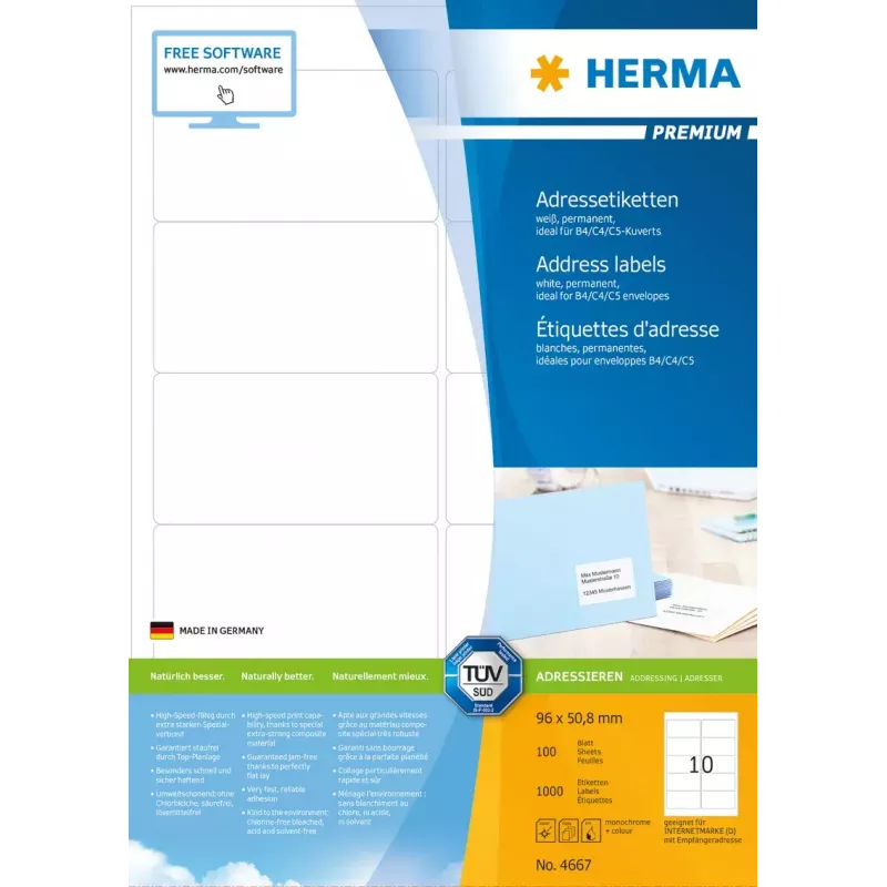HERMA Premium adresų etiketės A4 96x50,8 mm 1000 vnt.