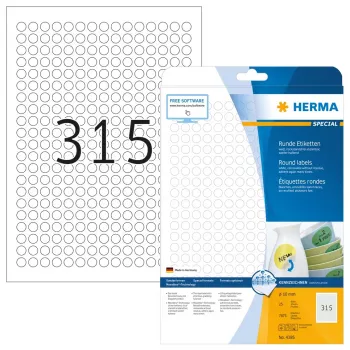 Lipnūs lipdukai HERMA Removable A4 Ø 10 mm apvalūs balti
