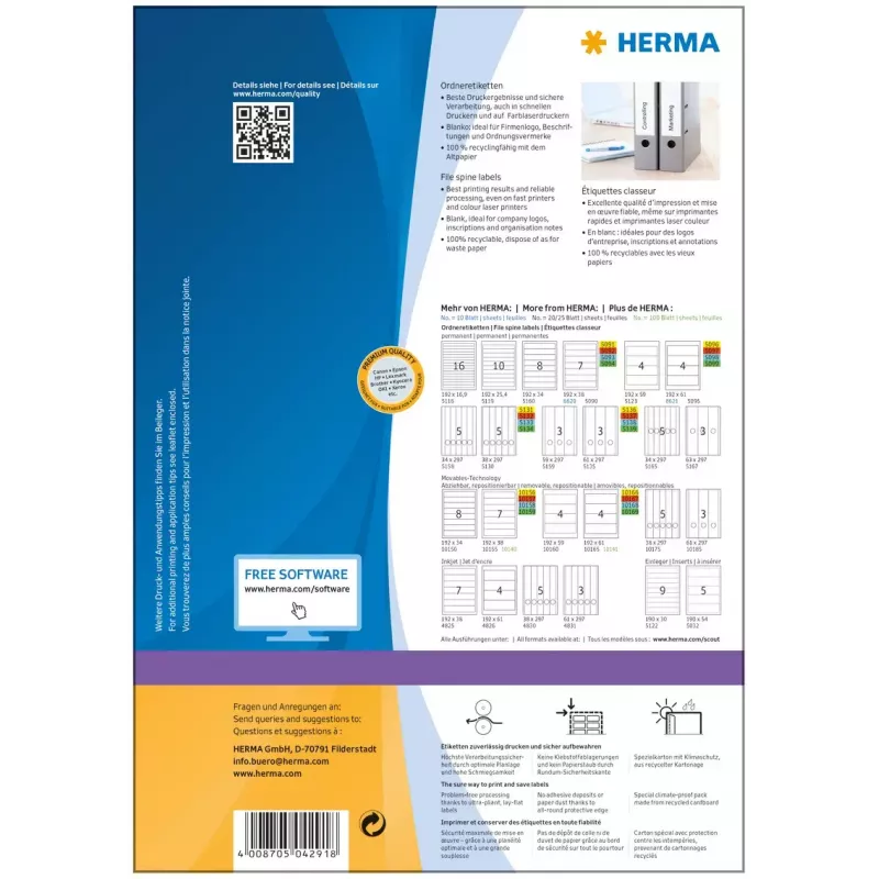 Lipnūs spausdintuvo etikečių lapai HERMA bylų etiketės A4 192x59 mm