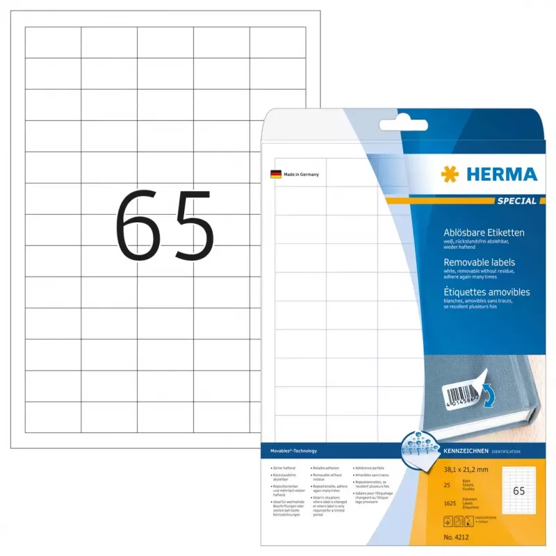 Lipni etiketė spausdintuvui HERMA 1625 vnt A4 38,1x21,2 mm