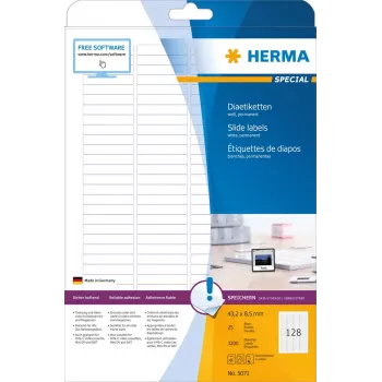 HERMA A4 etiketės skaidrėms 43,2x8,5 mm balta matinė 3200 vnt.