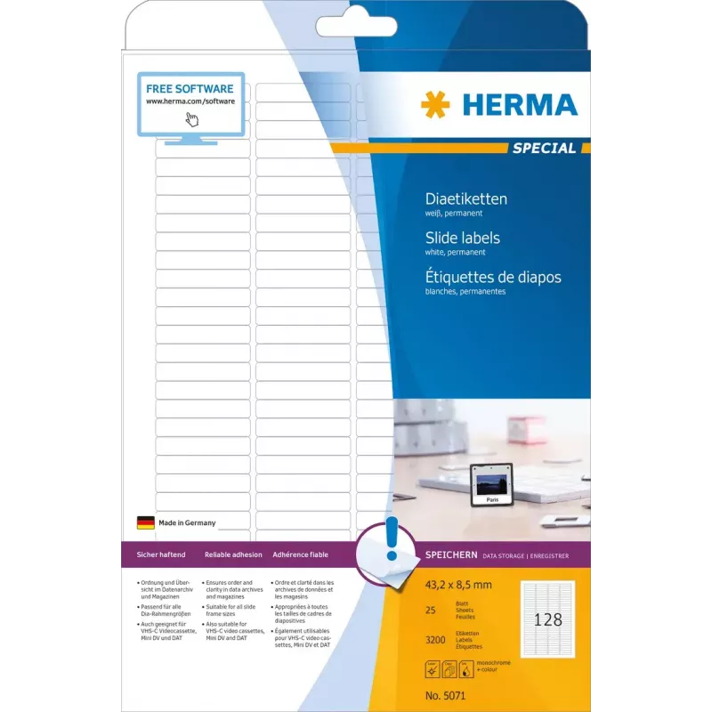 HERMA A4 etiketės skaidrėms 43,2x8,5 mm balta matinė 3200 vnt.