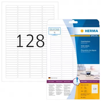 HERMA A4 etiketės skaidrėms 43,2x8,5 mm balta matinė 3200 vnt.