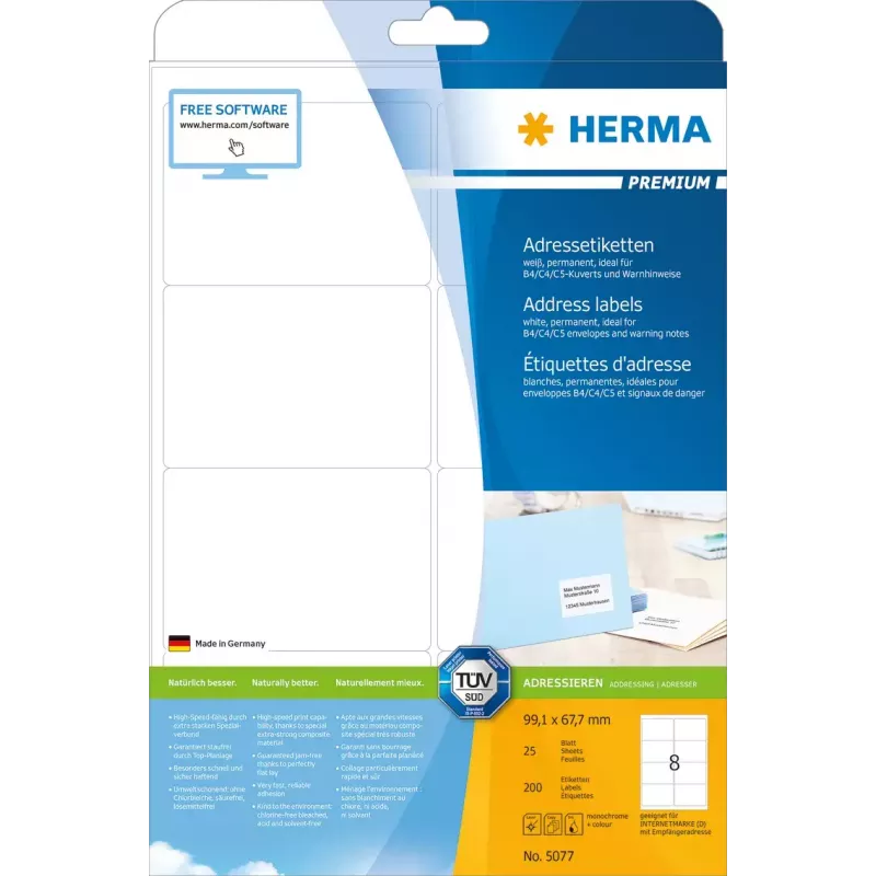 HERMA Premium adresų etiketės 5077 A4 99,1x67,7 mm 200 vnt.