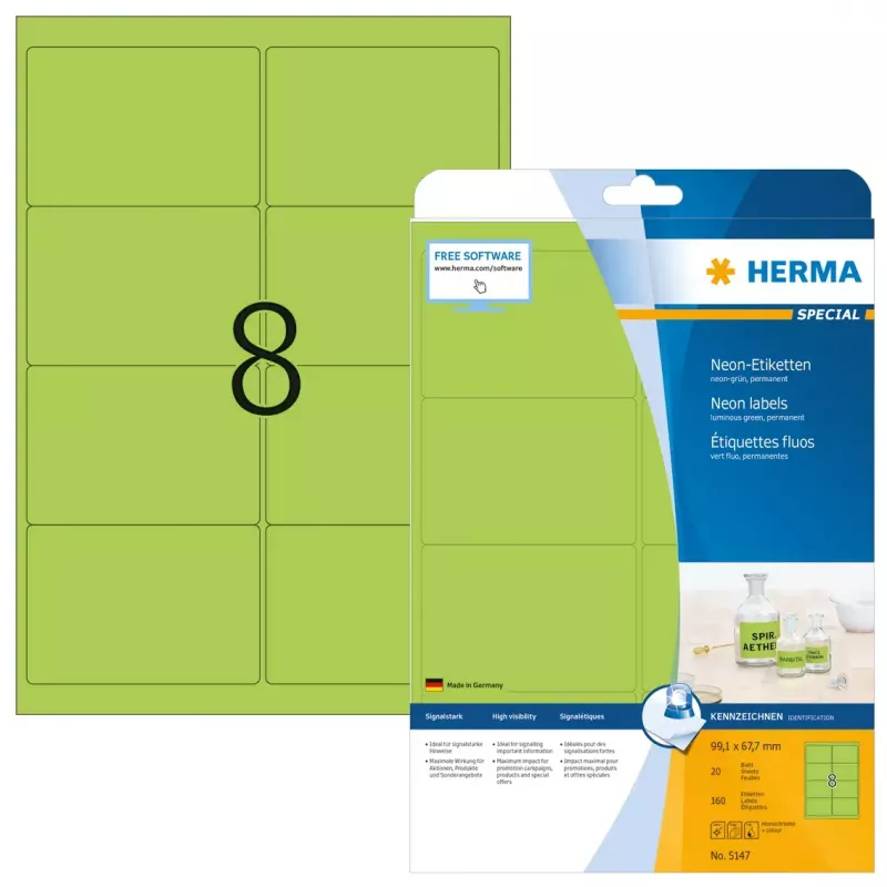 Lipnūs etikečių lapai HERMA Neon A4 99,1x67,7 mm 160 vnt. šviesiai žali