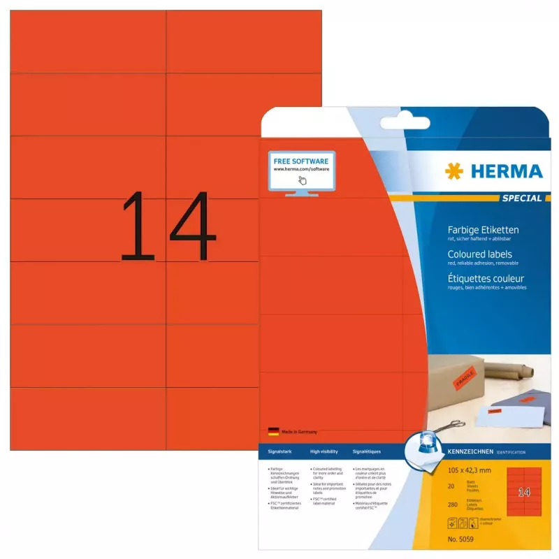 Lipnūs spalvoti etikečių lapai HERMA A4 105x42,3 mm raudoni