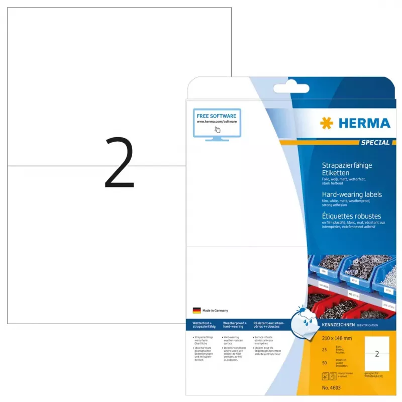Lipnūs etikečių lapai HERMA Labels patvarūs A4 210x148 mm