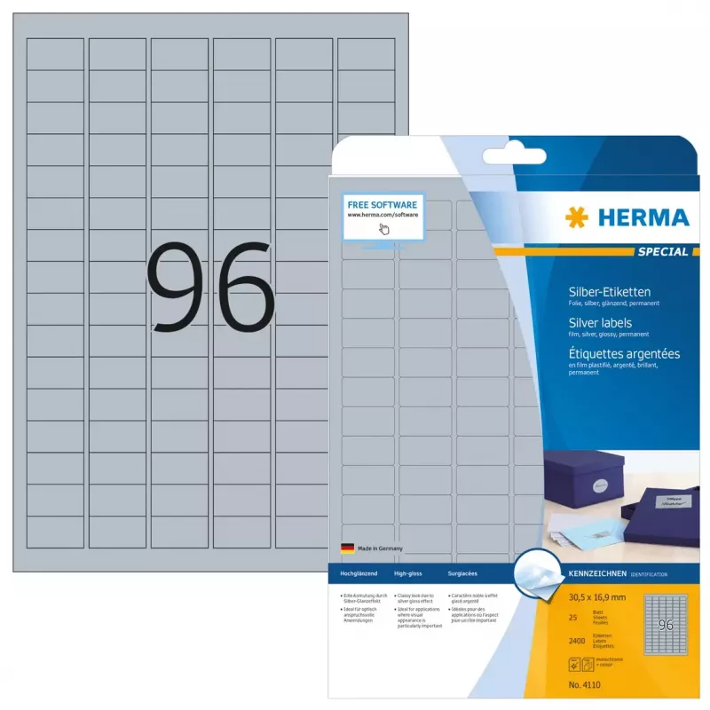 Lipnūs etikečių lapai HERMA A4 30,5x16,9 mm sidabrinė blizgi plėvelė 2400 vnt.
