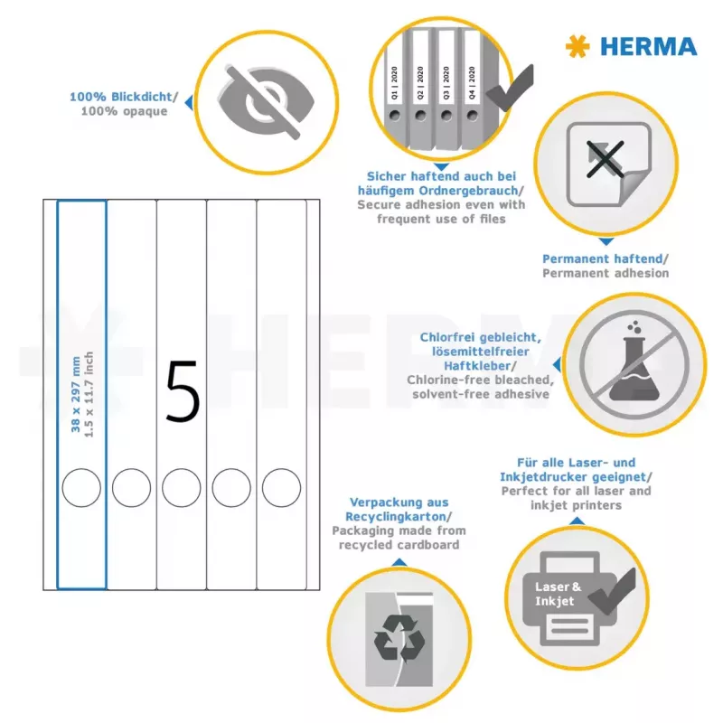 HERMA A4 failų etiketės 38x297 mm balto matinio nepermatomo popieriaus 125 vnt.