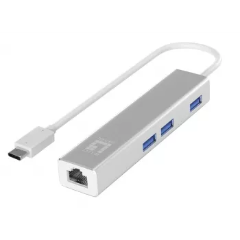 LevelOne USB-C tinklo adapteris su USB šakotuvu, Gigabit Ethernet, 1000 Mbit/s, sidabrinis