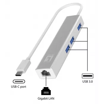 LevelOne USB-C tinklo adapteris su USB šakotuvu, Gigabit Ethernet, 1000 Mbit/s, sidabrinis