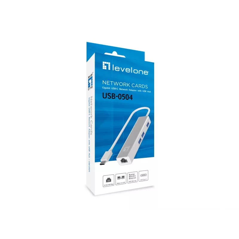 LevelOne USB-C tinklo adapteris su USB šakotuvu, Gigabit Ethernet, 1000 Mbit/s, sidabrinis