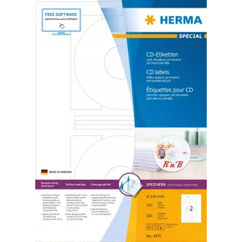 CD etiketės HERMA A4 Ø 116 mm balto popieriaus matinės nepermatomos 200 vnt.