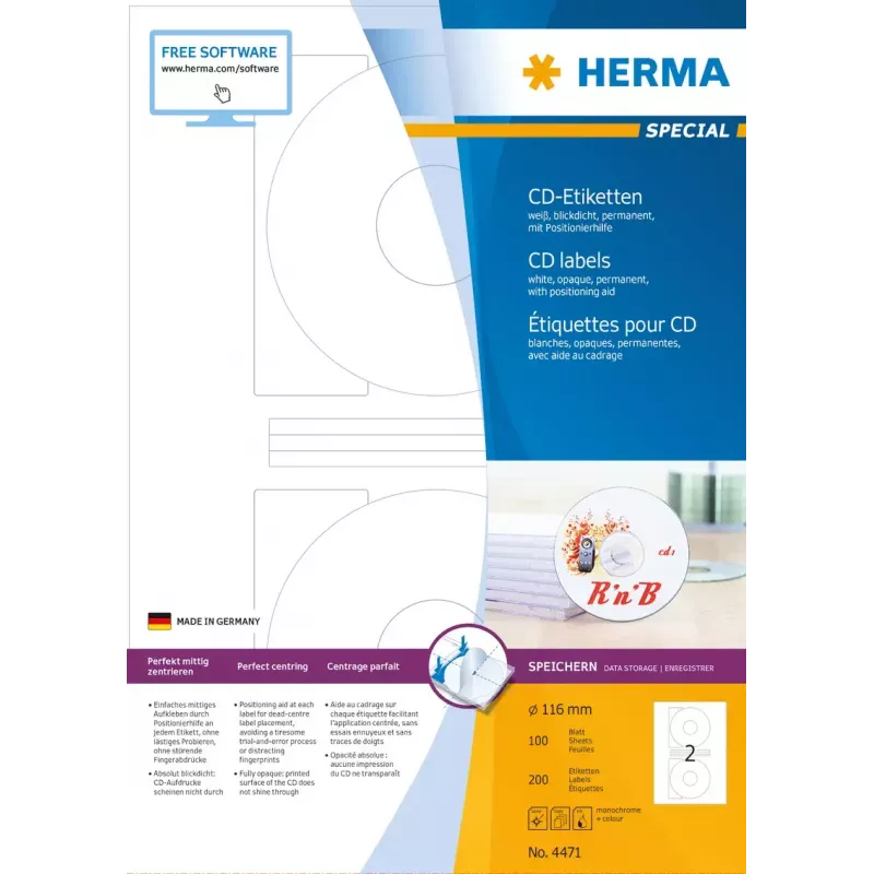 CD etiketės HERMA A4 Ø 116 mm balto popieriaus matinės nepermatomos 200 vnt.