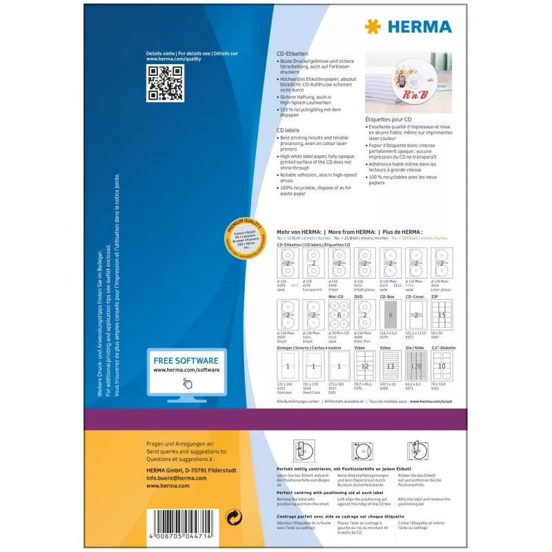 CD etiketės HERMA A4 Ø 116 mm balto popieriaus matinės nepermatomos 200 vnt.