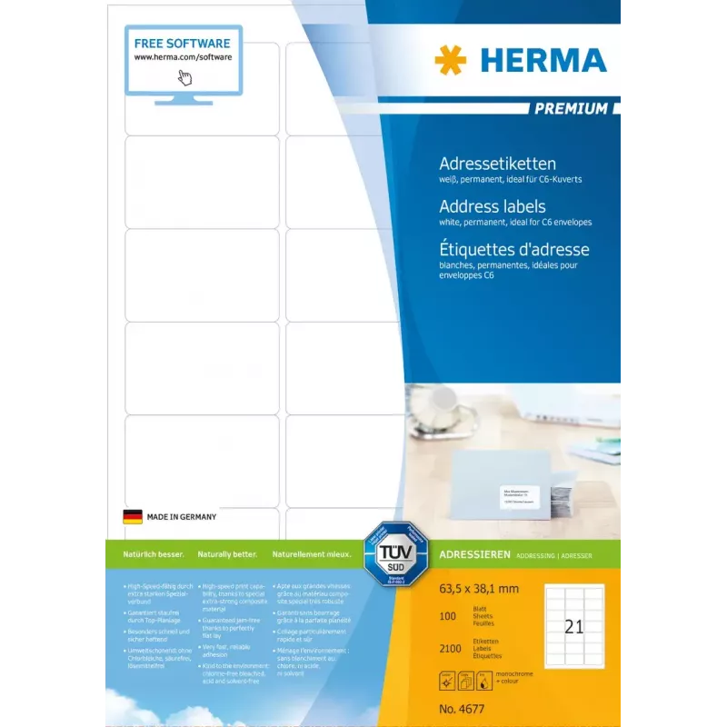 HERMA Premium adresų etiketės A4 63,5x38,1 mm 2100 vnt.