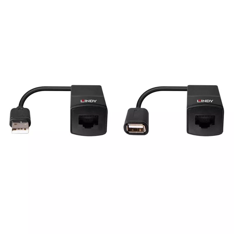 Lindy 60m USB 1.1 Cat.6 Extender Basic – tinklo siųstuvas ir imtuvas, 60 m, 12 Mbit/s, Cat5e, Cat6, juoda, plastikas