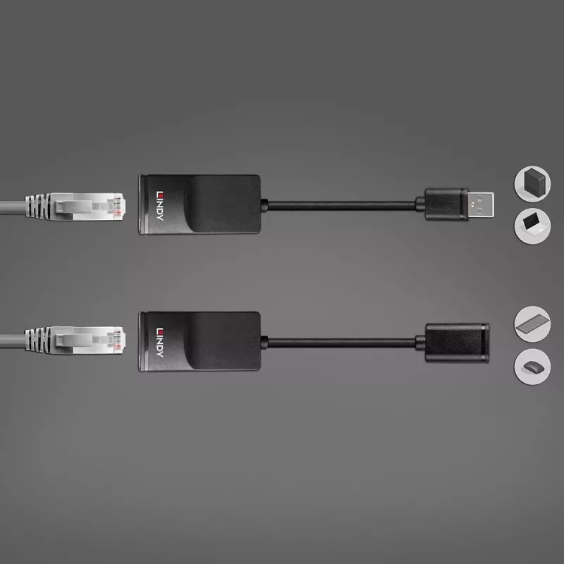 Lindy 60m USB 1.1 Cat.6 Extender Basic – tinklo siųstuvas ir imtuvas, 60 m, 12 Mbit/s, Cat5e, Cat6, juoda, plastikas