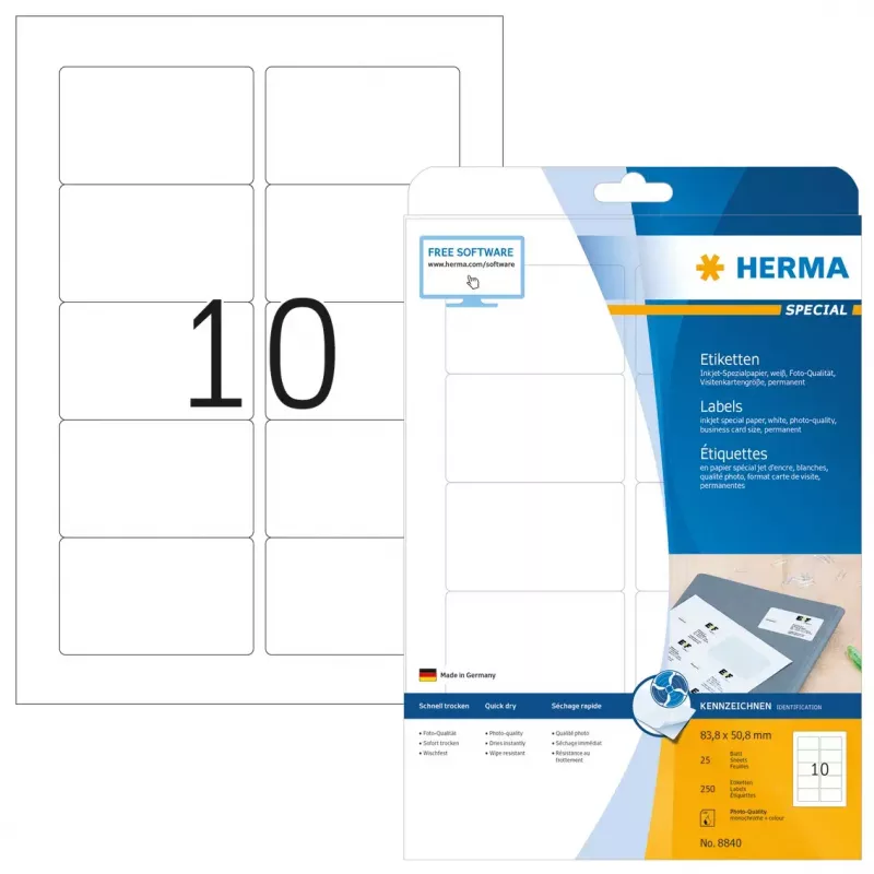 Lipnūs etikečių lapai HERMA Inkjet A4 83,8x50,8 mm (250 vnt.)