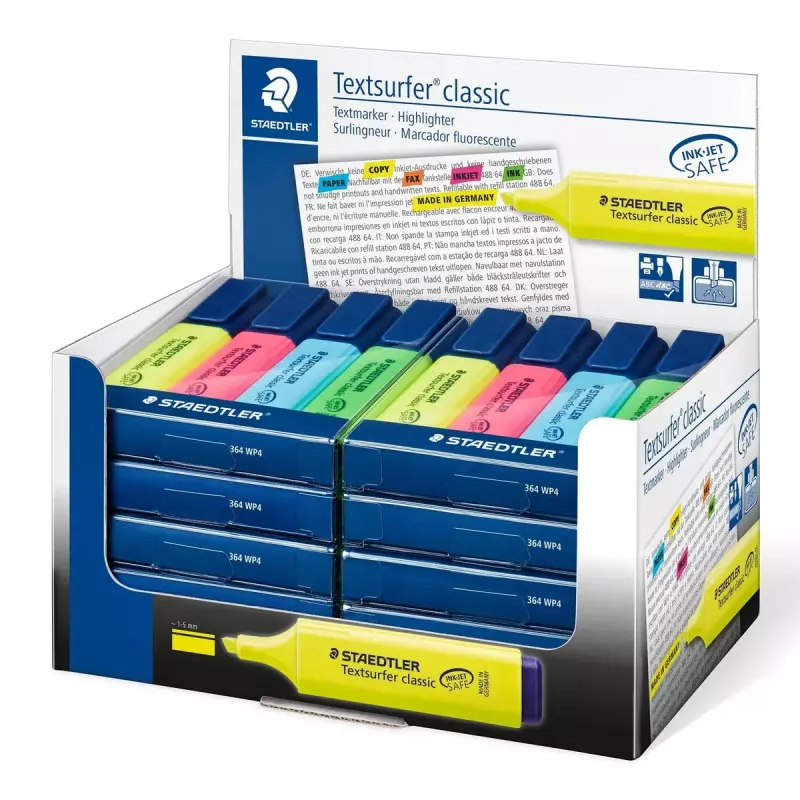 Markeris Staedtler Textsurfer classic 364 su plokščiu antgaliu – mėlyna, žalia, rožinė, geltona