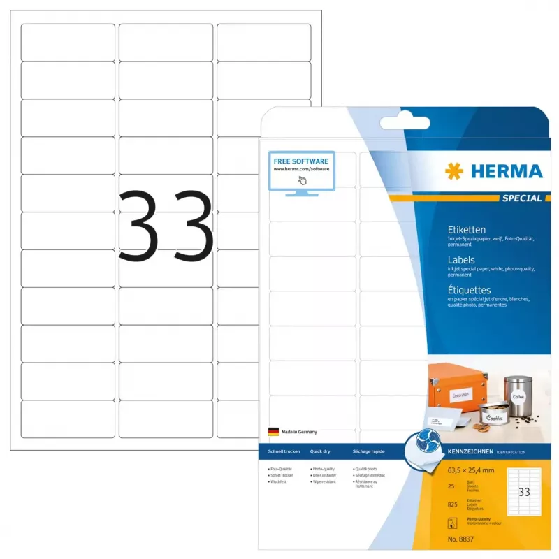 HERMA A4 lipdukai rašaliniams spausdintuvams 63,5x25,4 mm 825 vnt.