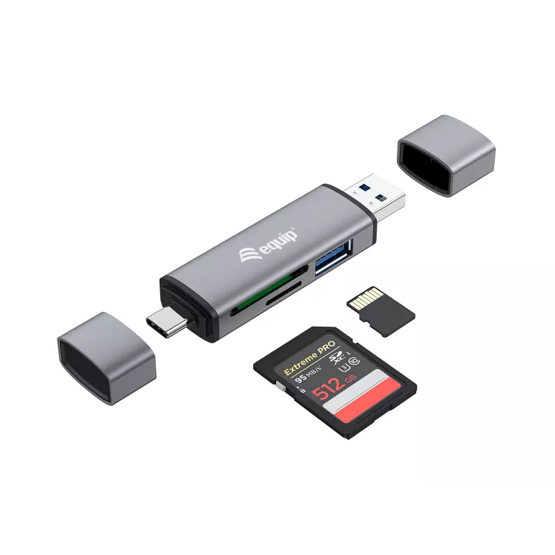 „Equip“ kortelių skaitytuvas su USB 3.0 šakotuvu, OTG, MicroSD, SD, pilka