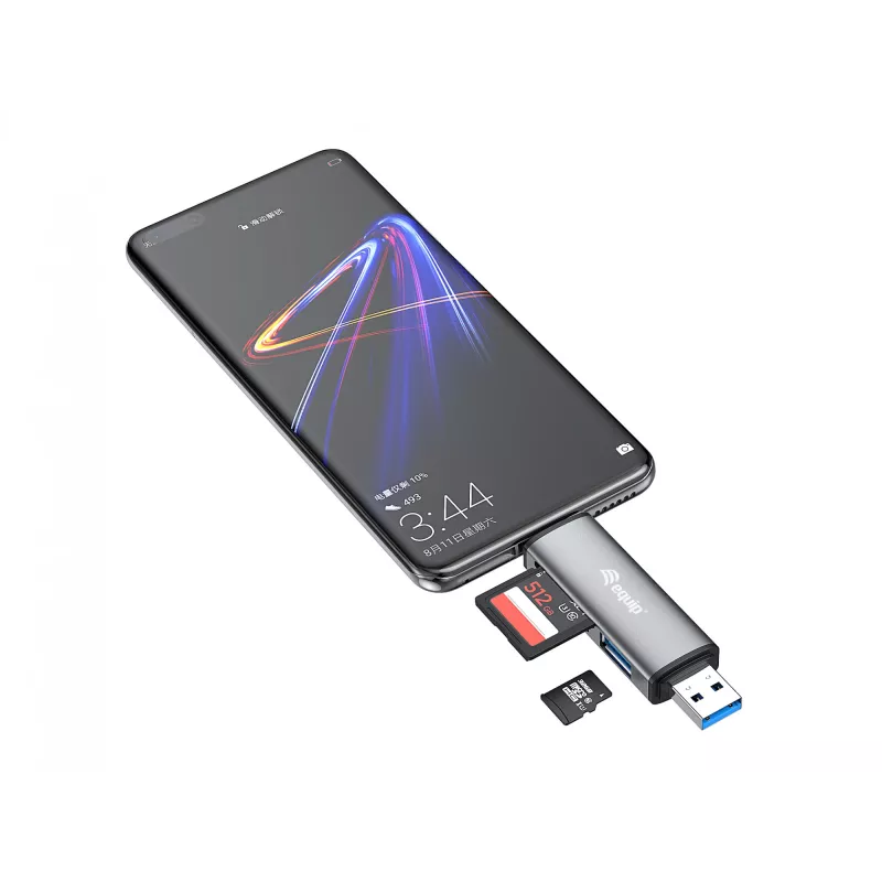 „Equip“ kortelių skaitytuvas su USB 3.0 šakotuvu, OTG, MicroSD, SD, pilka