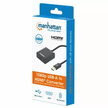 Manhattan USB-A į HDMI laidas, 1080p@60Hz, konvertuoja USB 3.2 Gen1 signalą į HDMI, 15 cm, juodas, vyriškas į moterišką, trejų metų garantija