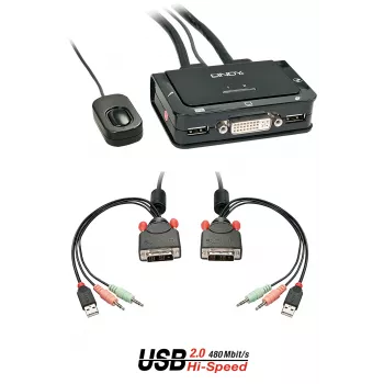 Lindy 2 prievadų DVI-D Single Link, USB 2.0 ir garso kompaktiškas KVM jungiklis