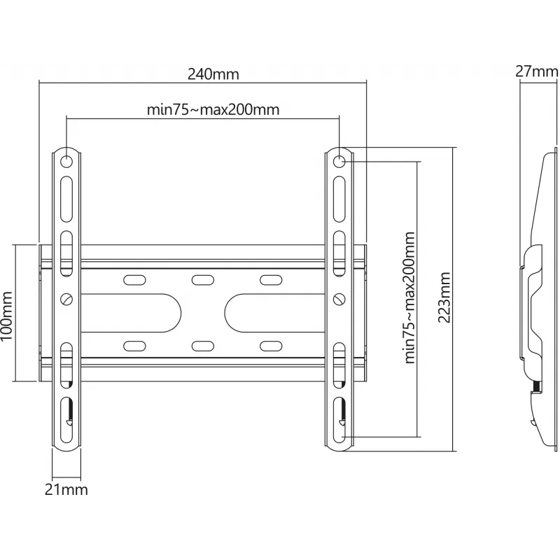 Manhattan fiksuotas itin plonas sieninis laikiklis televizoriams ir monitoriams, 23–42 col., VESA 75x75–200x200 mm, iki 45 kg, juodas